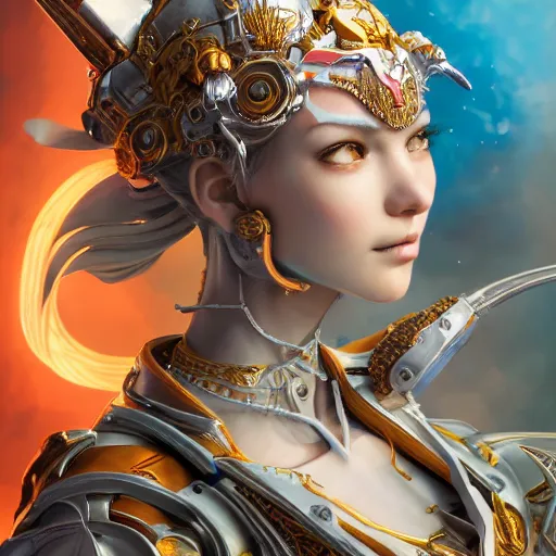 Image similar to studio portrait of lawful good colorful female holy mecha paladin absurdly beautiful, elegant, young sensual graceful woman, ultrafine hyperrealistic detailed face illustration by kim jung gi, irakli nadar, intricate linework, sharp focus, bright colors, matte, octopath traveler, final fantasy, unreal engine highly rendered, global illumination, radiant light, intricate environment