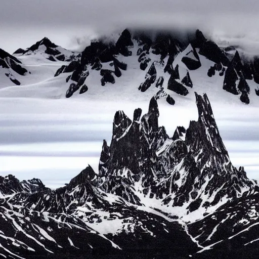 Image similar to a artic landscape with a large, satanic temple on it. mountains that are snow capped are in the background. there is a group of black hooded cultists at the top of the satanic temple. overcast sky, snowing, grainy.