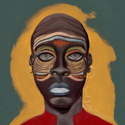 Prompt: a professionally painted african male model , clothed in ancient street wear, dark skin, red gold hair, big scar on face, beautiful bone structure, symmetrical features, stunningly beautiful, intricate, elegant, digital painting, smooth, sharp focus, illustration, made by, Jacob Lawrence, Sam Gilliam, Edmonia Lewis, Jean-Michel Basquiat, Henry Taylor, Collage