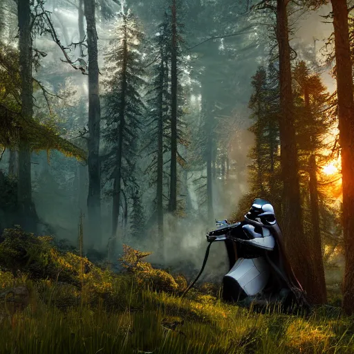 Prompt: sunset breaks through the forest, Dart Vader is fighting Jedis, painting in style of Ivan Shishkin, hypermaximalistic, high details, cinematic, 8k resolution, beautiful detailed, insanely intricate details, artstation trending, octane render, unreal engine,