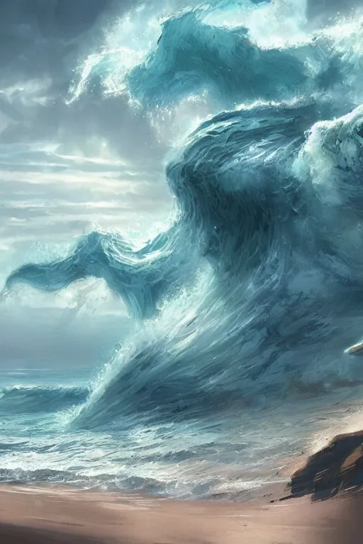 Image similar to tidal wave destroying a beach, digital art, magic the gathering, mtg, by greg rutkowski, trending on artstation