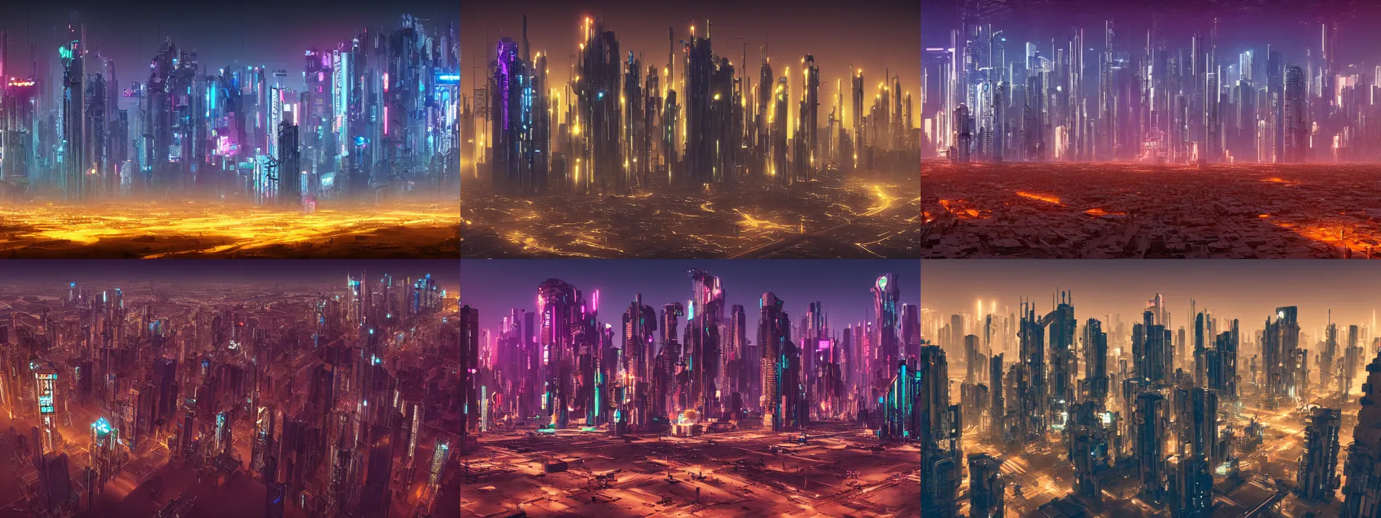 Prompt: cyberpunk city in the desert glowing in the evening, a tall building in the middle of the city