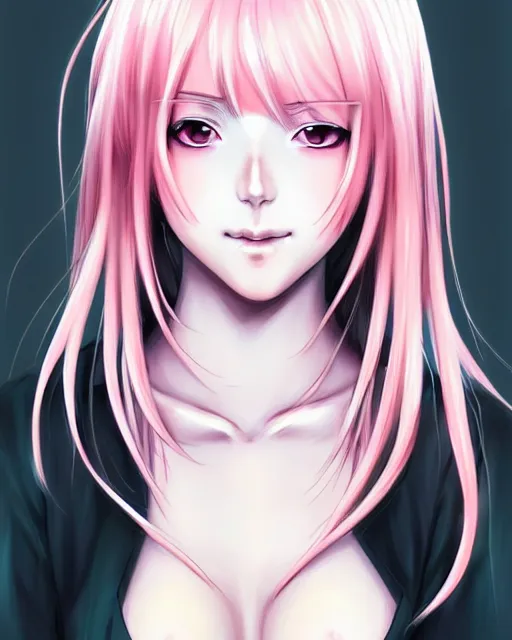 Image similar to portrait of a very very beautiful anime girl with chin length pink hair wearing a white tshirt, ( artstation ), lips with white lipstick, digital drawing, art by ( range murata ) and shirow masamune, highly detailed, sharp focus, soft shadows, watercolor