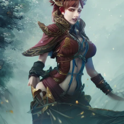 Image similar to character design, beautifull female ranger, delicate and lovely face, fantasy style clothing, anime key visual, official media, illustrated by wlop, extremely detailed, 8 k, trending on artstation, cinematic lighting, beautiful, mist, photorealistic, octane render, unreal engine, hyper detailed, volumetric lighting