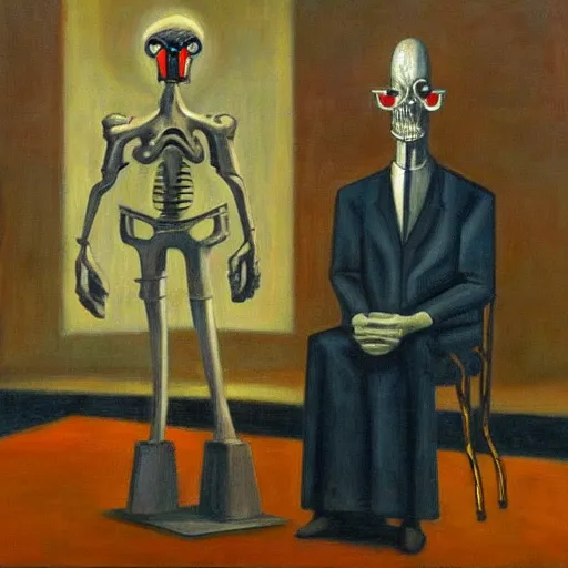 Prompt: evil cyborg mastermind on a throne, human subjugation, mind control, dystopian, pj crook, edward hopper, oil on canvas