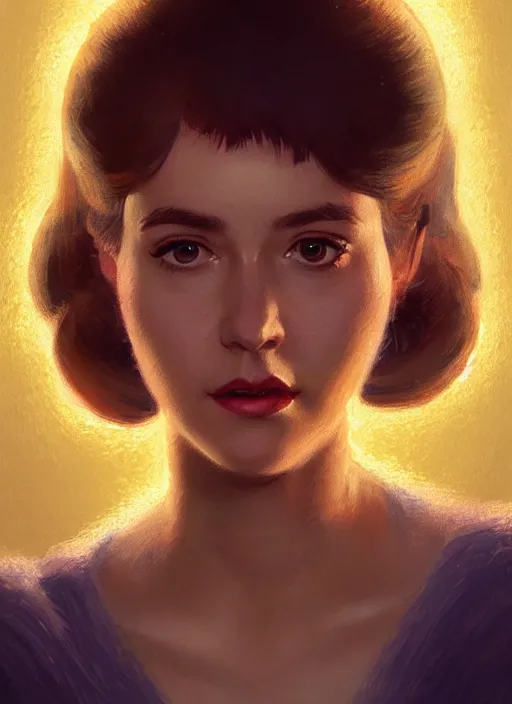 Image similar to portrait of betty cooper with fluffy bangs, bangs, 1 9 6 0 s, ponytail, curly bangs and ponytail, rounder face, intricate, elegant, glowing lights, highly detailed, digital painting, artstation, concept art, smooth, sharp focus, illustration, art by wlop, mars ravelo and greg rutkowski