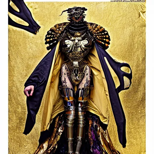 Image similar to haute couture scale armour sf paladin editorial by klimt, biomechanical hornet with metal couture wings by malczewski, ornate wh 4 0 k chaos lord in gold, bismuth and obsidian by giger, on bloody cosmic battleground by alphonse mucha