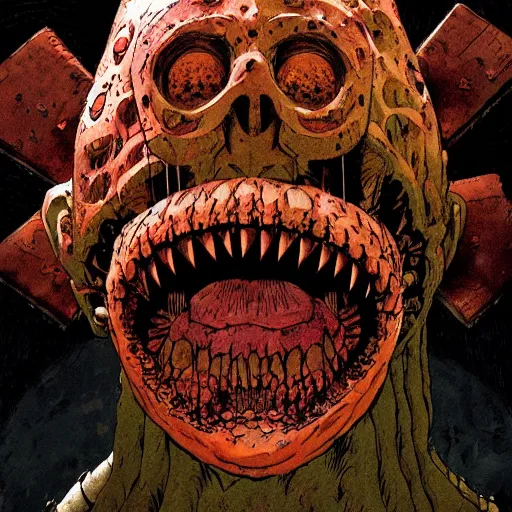 Prompt: full page illustration of dorohedoro kaiman open mouth, showing a spooky face inside his throat, by Katsuhiro Otomo, Q Hayashida, Phil hale, Ashley wood, Ilya repin, frank frazetta, 8k, hd, high resolution print