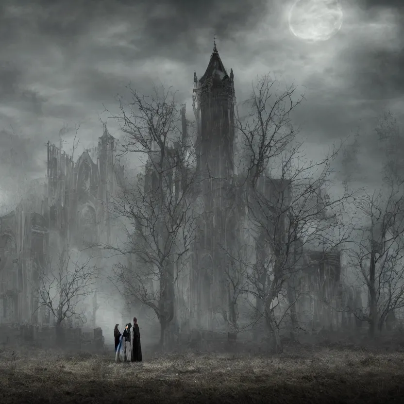 Image similar to A Gothic couple of jewels in an empty land, dark romance, dark and mysterious, atmospheric, ominous, eerie, cinematic, Epic, 8k, 4k, ultra detail, ultra realistic, rendered by awesomeness