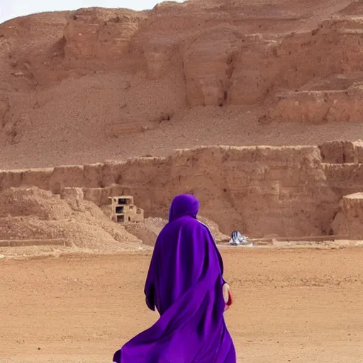 Prompt: low shot photo of feminine and lean arab woman wearing a long purple dress, wearing burqa, strutting, with najdi mud houses in the background, in the style of annie leibovitz amd steve meiele