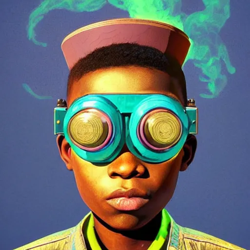 Image similar to colourful vfx upper half - portrait - art of a nigerian boy wearing steam punk goggles, art by utagawa kunisada & james jean, symmetrical, intricate detail, concept art, volumetric light, ray tracing, digital illustration, octane 3 d render, unreal engine, sharp, 8 k post process, pinterest, behance, art station,