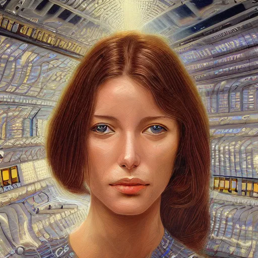 Prompt: beautiful detailed sci - fi painting of a beautiful female neuroscientist with dark hair trying to understand a microprocessor and neural networks, jean giraud