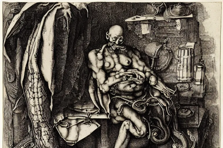 Prompt: anatomical diagram of a snake oil salesman by Albrecht Dürer