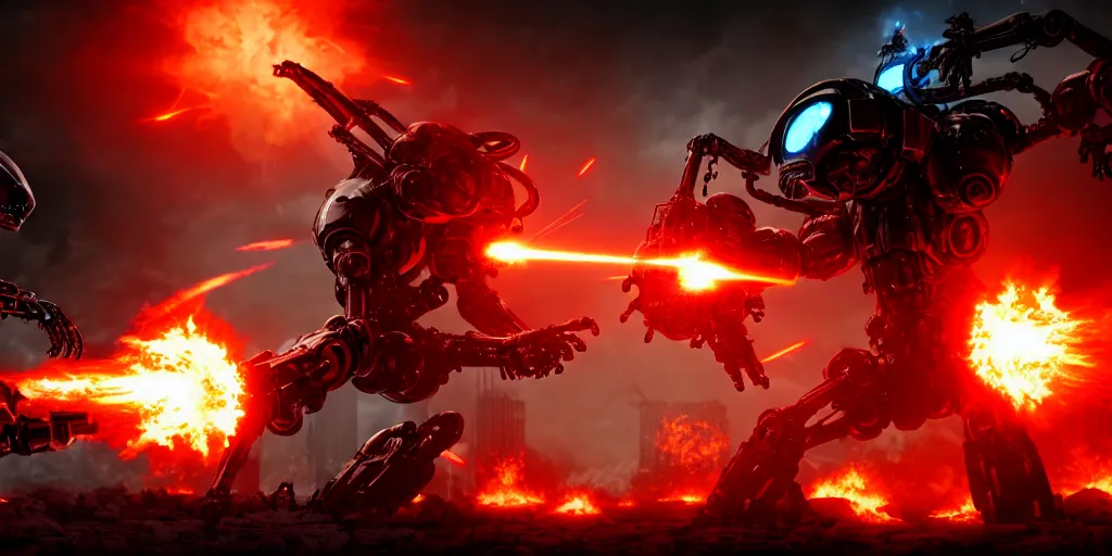 Prompt: cybernetic war at the gates to hades, mecha - warrior battling an alien cyborg in a fiery clash at the gates of hell, 8 k resolution, octane render, photorealistic illustration, low angle pov, dramatic lighting, cinematic fight imagery,