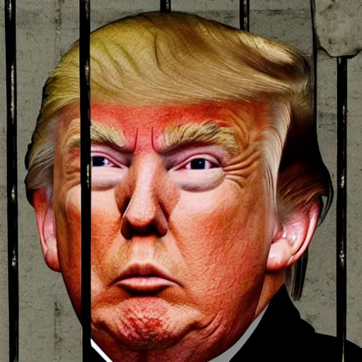 Image similar to donald trump in jail, behind bars crying tears and snot. candid photograph.