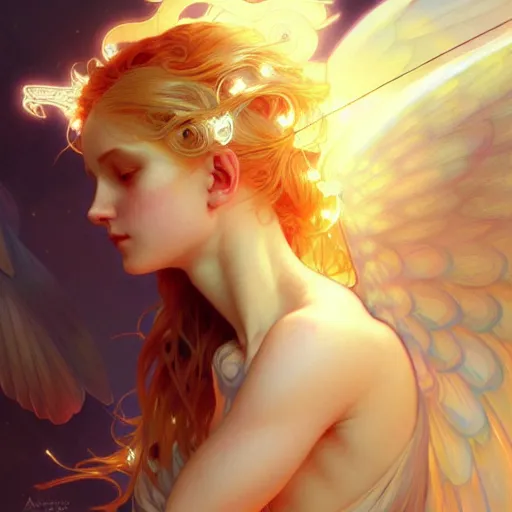 Image similar to A girl with blonde hair, glowing halo, huge highly detailed wings, fantasy, intricate, elegant, highly detailed, digital painting, artstation, concept art, smooth, sharp focus, illustration, art by Krenz Cushart and Artem Demura and alphonse mucha