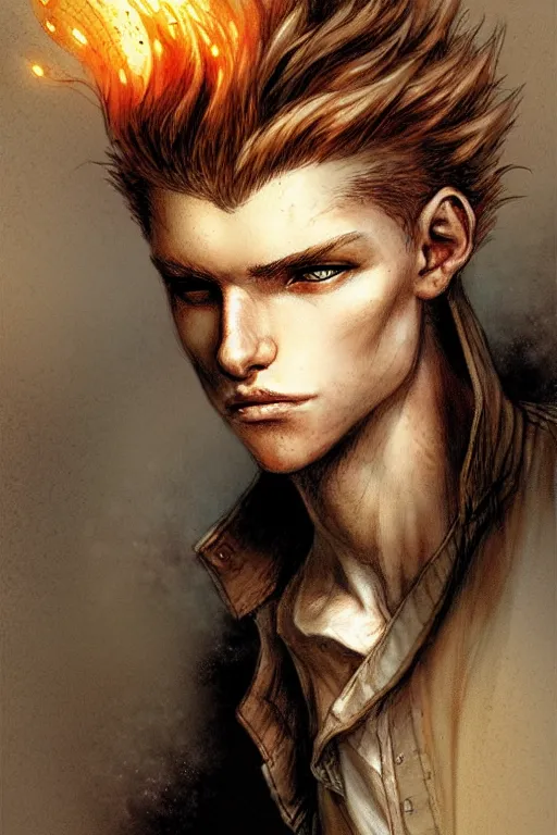 Image similar to character art by jean - baptiste monge, young man, blonde hair, on fire, fire powers