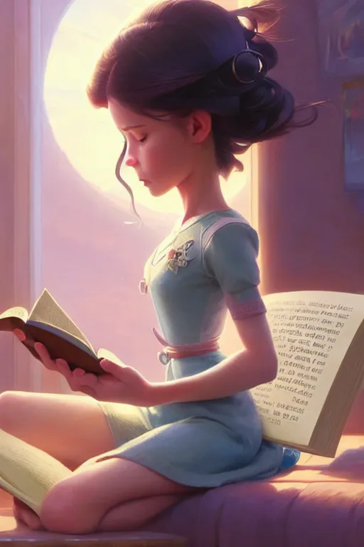 Image similar to highly detailed portrait of beautiful girl reading a book in toy story 3, dynamic pose, stephen bliss, unreal engine, fantasy art by greg rutkowski, loish, rhads, ferdinand knab, makoto shinkai and lois van baarle, ilya kuvshinov, rossdraws, tom bagshaw, global illumination, radiant light, detailed and intricate environment