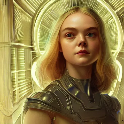 Image similar to symmetry!! portrait of elle fanning sci - fi, tech wear, glowing lights!! intricate, elegant, highly detailed, digital painting, artstation, concept art, smooth, sharp focus, illustration, art by artgerm and greg rutkowski and alphonse mucha