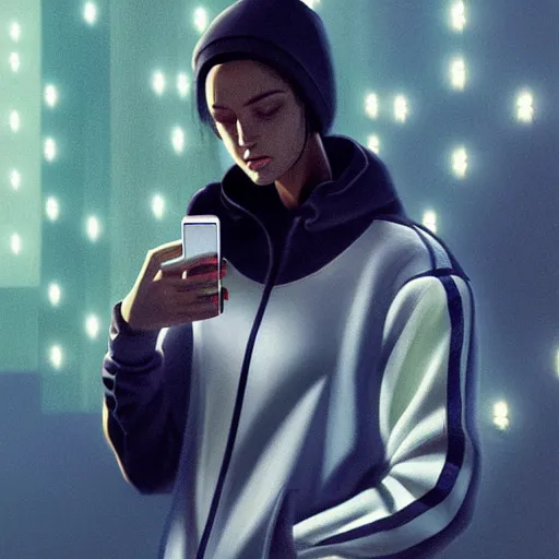 Prompt: portrait of attractive slav heroine wearing an addidas tracksuit with a phone in hand. illuminated phone screen, slav building backrounds, by greg rutkowski and wlop, detailed, cinematic, 8 k, intricate, rule of thirds.