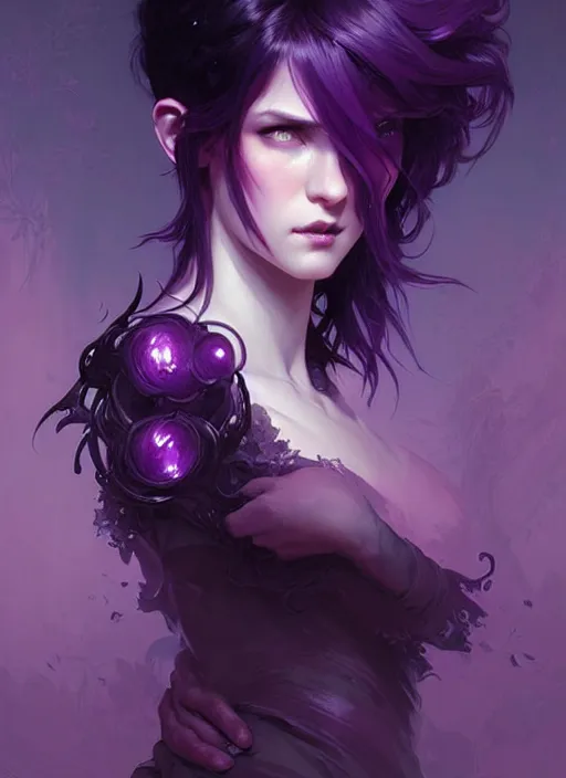 Prompt: Necromant, fantasy magic, undercut hairstyle, short purple black fade hair, dark light night, intricate, elegant, sharp focus, illustration, highly detailed, digital painting, concept art, matte, art by WLOP and Artgerm and Greg Rutkowski and Alphonse Mucha, masterpiece