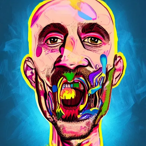 Image similar to man with a tab of lsd on his tounge, digital art by mad dog jones