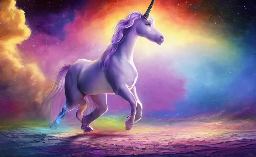 Prompt: an oil painting of a unicorn walking on an rainbow in space, masterpiece, highly detailed, high quality, 4K, anatomically correct, hyperrealistic, concept art, octane render, unreal engine 5, trending on Artstation, trending on DeviantArt, matte, historical painting, fantasy style, path traced, high coherence, soft lighting