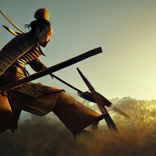 Prompt: “high quality photorealistic concept art of samurai wars in landscape , cinematic angle, golden hour, horizon, super detail, octane render”