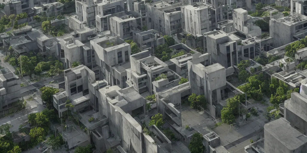 Prompt: brutalist architecture by Le Corbusier, abandoned, empty streetscapes surrounded by lush green vegetation, aerial view, stunning volumetric lighting, sunset, rusted steel, solid concrete, glass, stunning skies, trending on Artstation, 8k, photorealistic, hyper detailed, unreal engine 5, IMAX quality, cinematic, epic lighting, in the style of DOOM and Greg Rutkowski