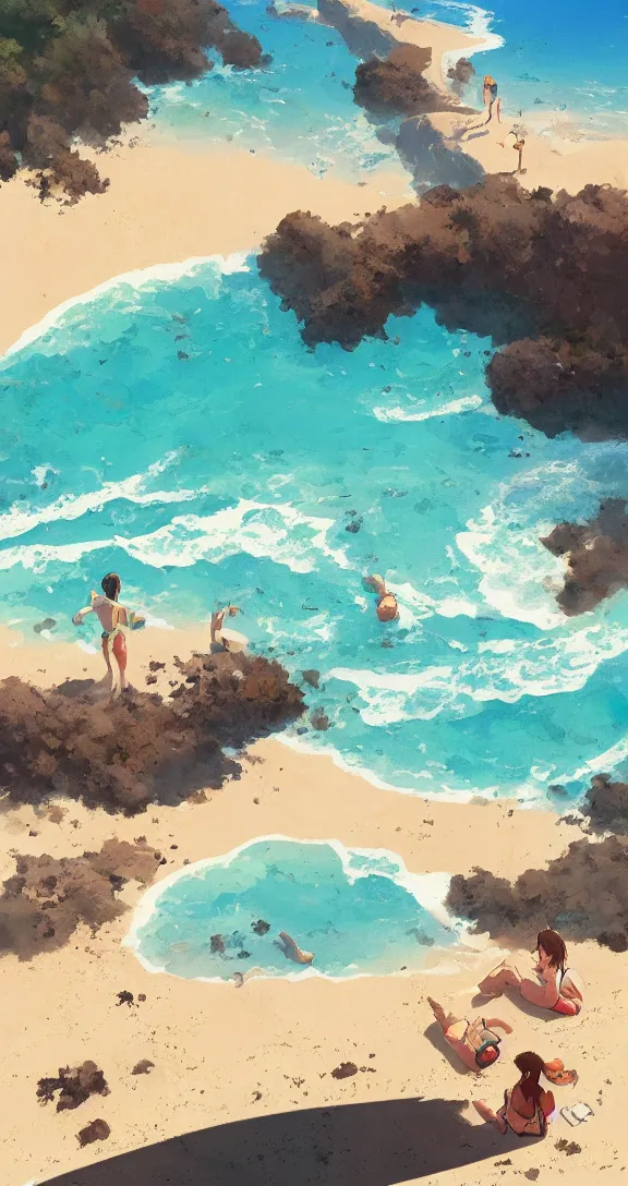 Image similar to Sunbathing at the beach, lots of ocean, very vertical, tropical, bright, simple, by Studio Ghibli and Greg Rutkowski, artstation