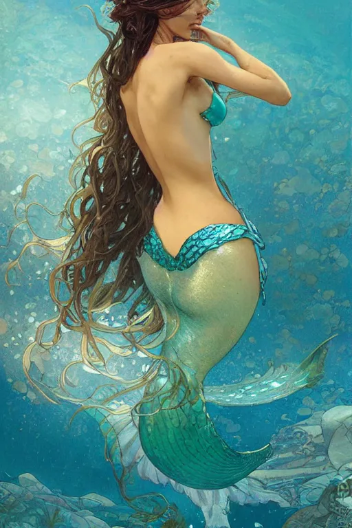 Prompt: mermaid under turquoise water , intricate, elegant, highly detailed, digital painting, artstation, concept art, smooth, sharp focus, illustration, art by artgerm and greg rutkowski and alphonse mucha