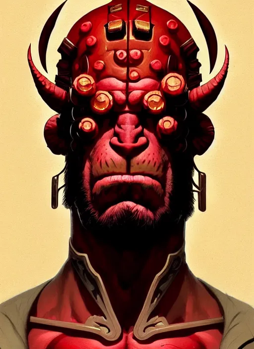 Prompt: portrait of hellboy, intricate, elegant, highly detailed, my rendition, digital painting, artstation, concept art, smooth, sharp focus, illustration, art by artgerm and greg rutkowski and alphonse mucha and uang guangjian and gil elvgren and sachin teng, symmetry!!