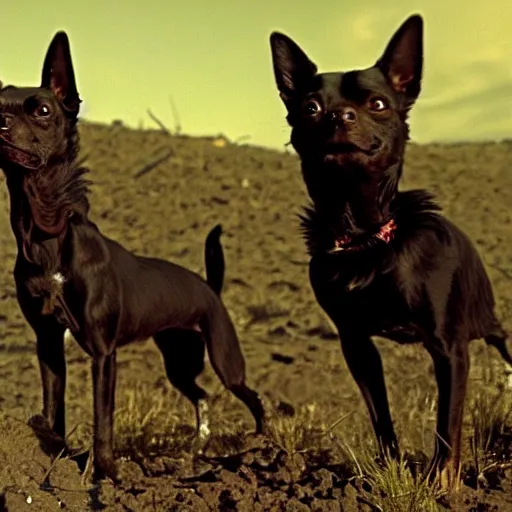 Prompt: The black chihuahua trotted up beside the duke. He sniffed at the air, parched and desperate for water, then inflected his ears to listen. The sound of the wastelands had grown distant over the last few days, but it was still there: the strange howling that had disturbed their sleep during the first week in the wastes.