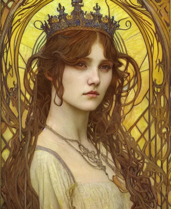 Image similar to detailed realistic beautiful young medieval queen face portrait by jean delville, alphonse mucha, vincent van gogh, and marco mazzoni, art nouveau, symbolist, visionary, gothic, pre - raphaelite