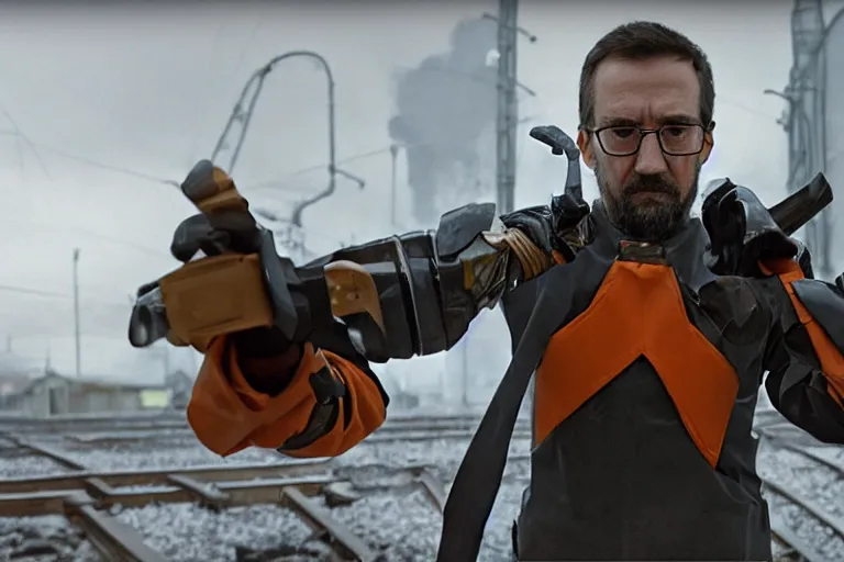 Image similar to vfx movie closeup real life gordon freeman holding wearing futuristic armor, half life logo on chest, crowbar in russian train yard by emmanuel lubezki