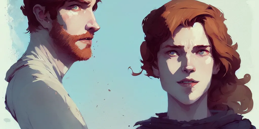 Image similar to portrait of cullen with a beautiful ginger woman he loves by atey ghailan, by greg rutkowski, by greg tocchini, by james gilleard, by joe fenton, by kaethe butcher, dynamic lighting, gradient light blue, brown, blonde cream and white color scheme, grunge aesthetic