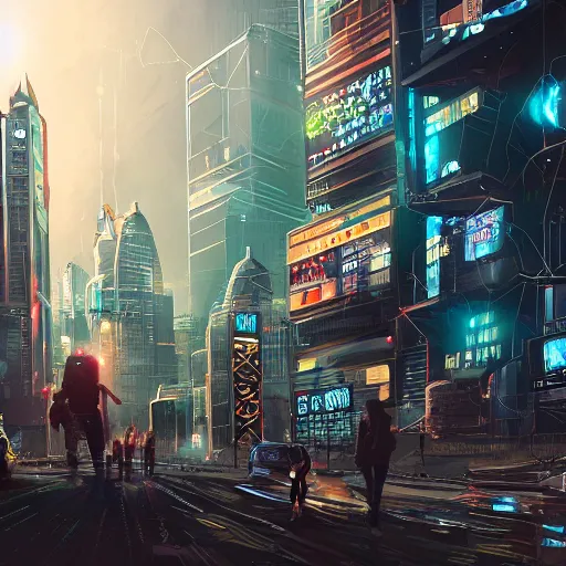 Image similar to bunch of people scared of cryptocurrency in the city, cyberpunk style, artstation, hyperdetailed, hdr, 8 k