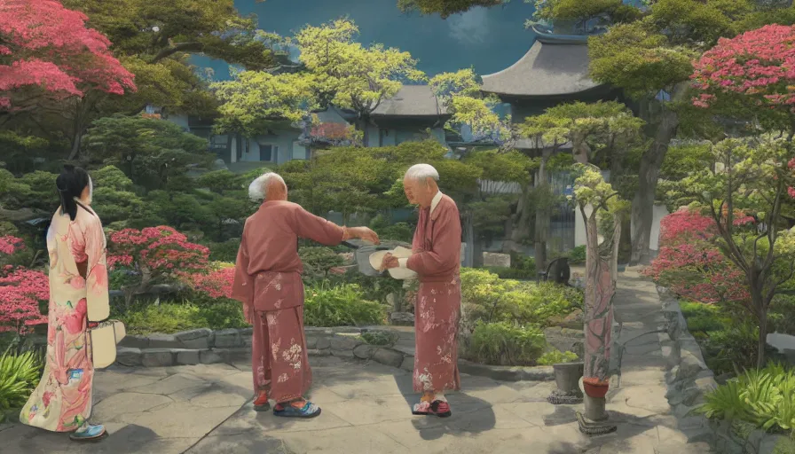 Image similar to old japanese man giving flowers to his wife, japanese flowery garden in the village, sunny day, drawing, hyperdetailed, artstation, cgsociety, 8 k