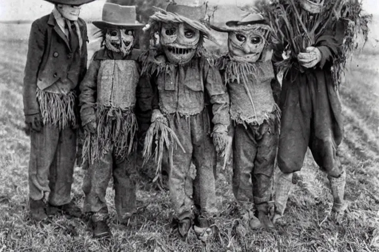 Image similar to disturbing scarecrow from the early 1 9 0 0's leading innocent children into the cornfields