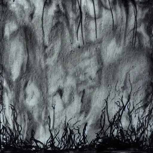 Image similar to wispy horror ink art, metal acid colors, decaying kingdom