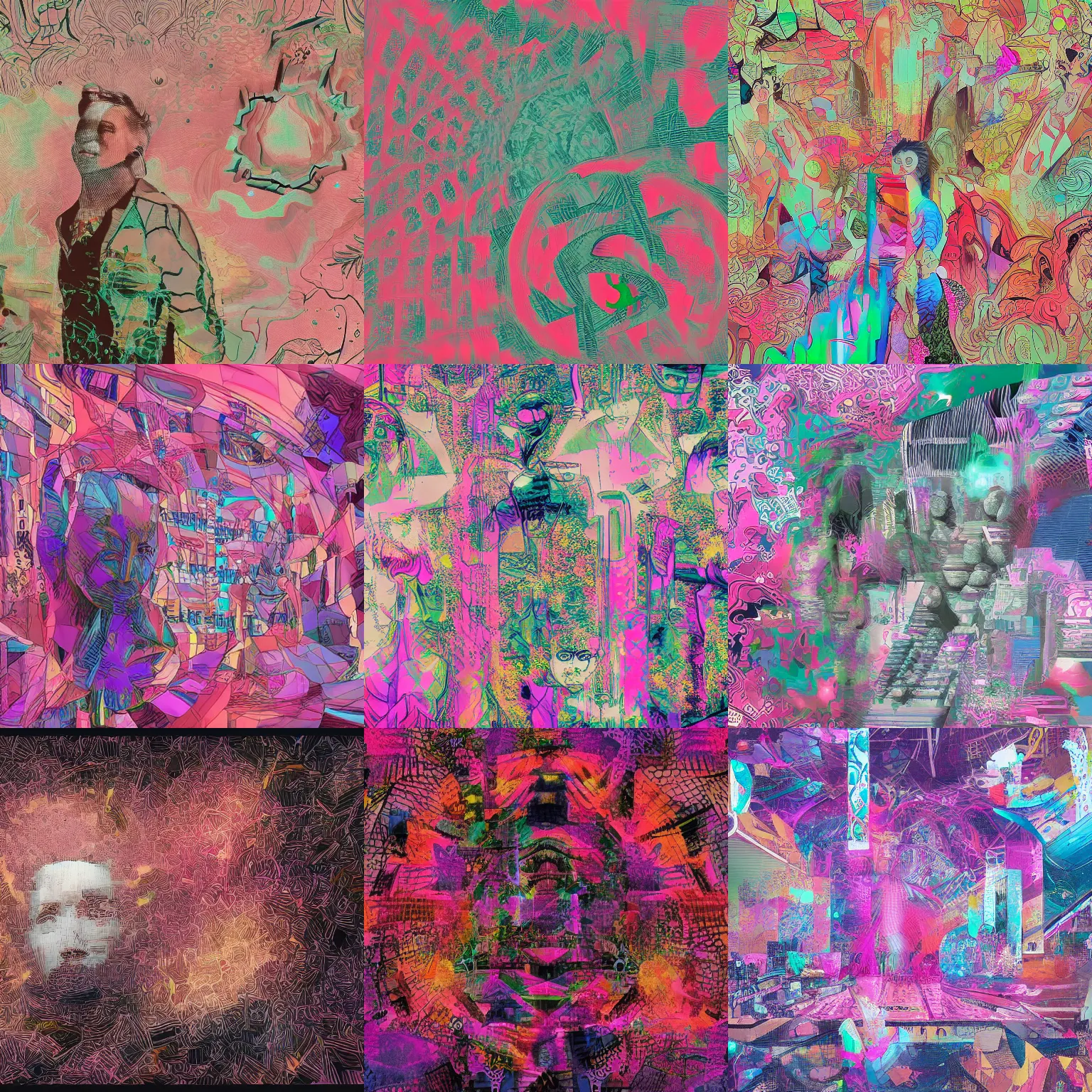 Prompt: weird art piece, digital painting, vaporwave, haphazardly layered scenes, ai assisted digital painting, superintelligent shade of pink ; intricate patterns