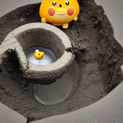Prompt: photo of waddle dee squeezing out of the sink hole
