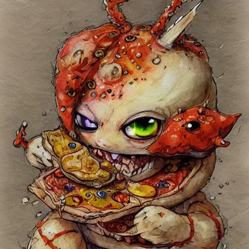 Image similar to a cute monster made of pizza, watercolor, pen and ink, intricate line drawings, by Yoshitaka Amano, Ruan Jia, Kentaro Miura, Artgerm, detailed, trending on artstation, hd, masterpiece,