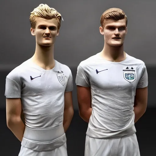 Image similar to a realistic detailed photo of a guy who is an attractive humanoid who is half robot and half humanoid, who is a male android, soccer players martin ødegaard & timo werner, shiny skin, posing like a statue, blank stare, by the pool, on display, showing off his muscles, gold soccer shorts, no jersey, statue, many copies of them