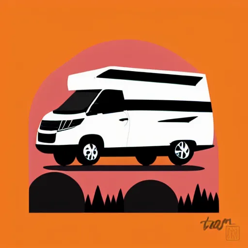 Prompt: minimal vector art sticker of a white and black cute thor chateau! motorhome camper!!, highway, mountains and colorful sunset!!, very very happy, dramatic, warm colors, crisp lines, very minimal vector art, sticker!! by tom whalen