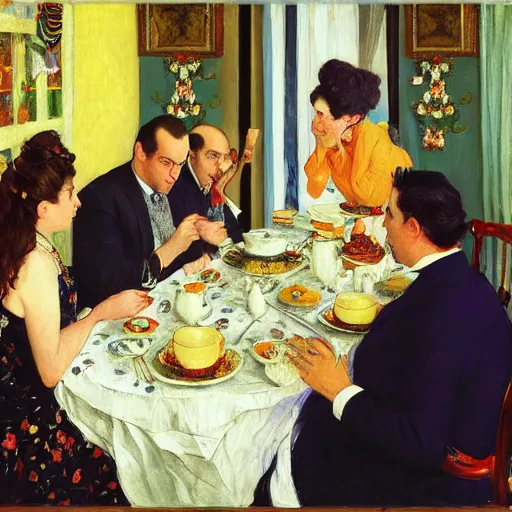 Prompt: seinfeld fancy tea party, george costanza, kramer, elaine, digital art, illustration, highly detailed, warm color scheme, soft lighting, sharp focus, gustave caillebotte, artemisia gentileschi