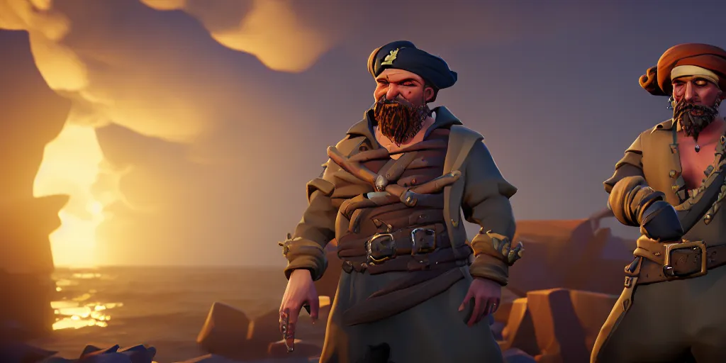 Image similar to a merchant character from sea of thieves, grand maritime union in sea of thieves, sea of thieves screenshot, unreal engine, digital art, storm