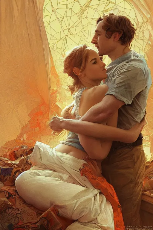 Prompt: portrait of a man in tin - foil hat and orange t - shirt hugging his wife in a bed, feelings, romantic, fantasy, intricate, elegant, highly detailed, digital painting, artstation, concept art, smooth, sharp focus, illustration, art by artgerm and greg rutkowski and alphonse mucha