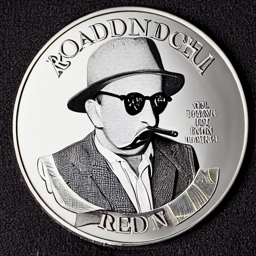 Image similar to A photograph of a high quality swiss chocolate coin that is engraved with a portrait of a young leon redbone smoking a cigar, highly detailed, close-up product photo, depth of field, sharp focus, appetizing, foil nearby