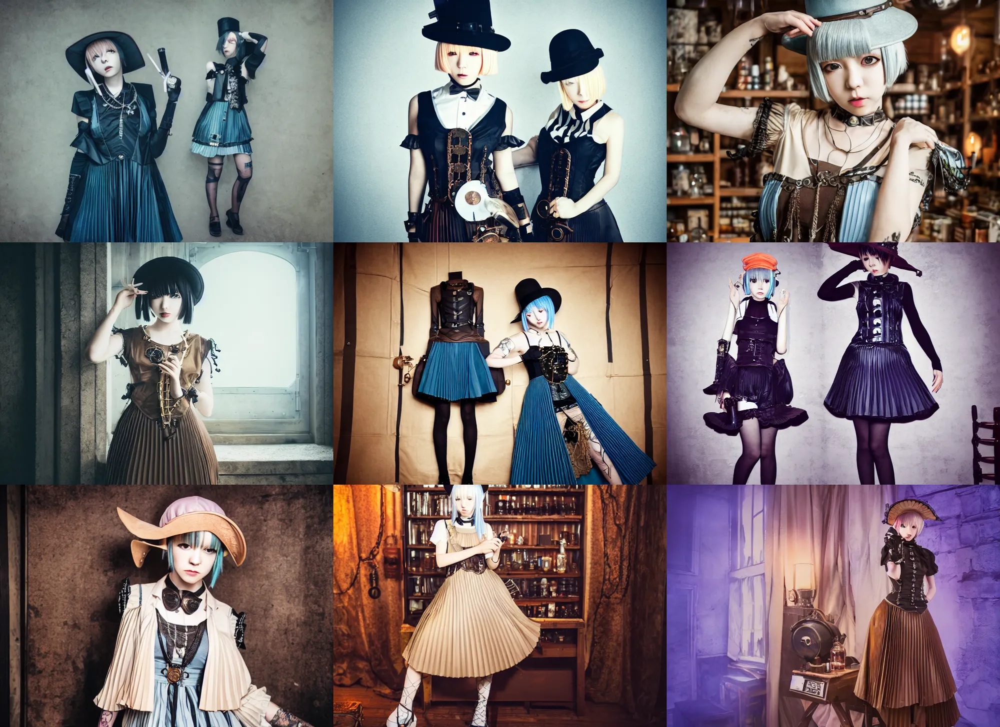 Prompt: full body portrait photo of reol wearing a elegant pleated steampunk dress, open top, wearing a cute hat, shopping at an alchemist's potion store interior, dim studio lighting, at night, ( ( photograph ) ), moody, realistic, detailed, low light, skin tinted a warm tone, light blue filter